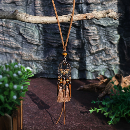 Boho Chic Water Drop Necklace with Zircon Beads and Fringe Leather Rope Accessory